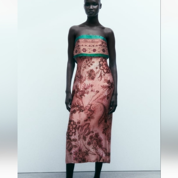 Zara Printed Strapless Midi Dress - Picture 1 of 16